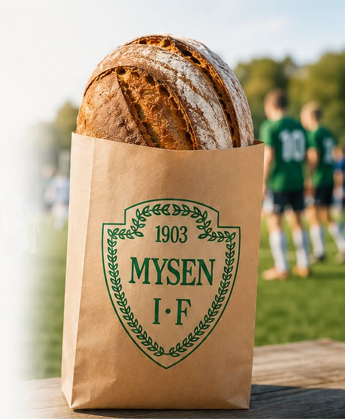 Klubbbrød i papirpose med klubbens logo — profilering på emballasjen